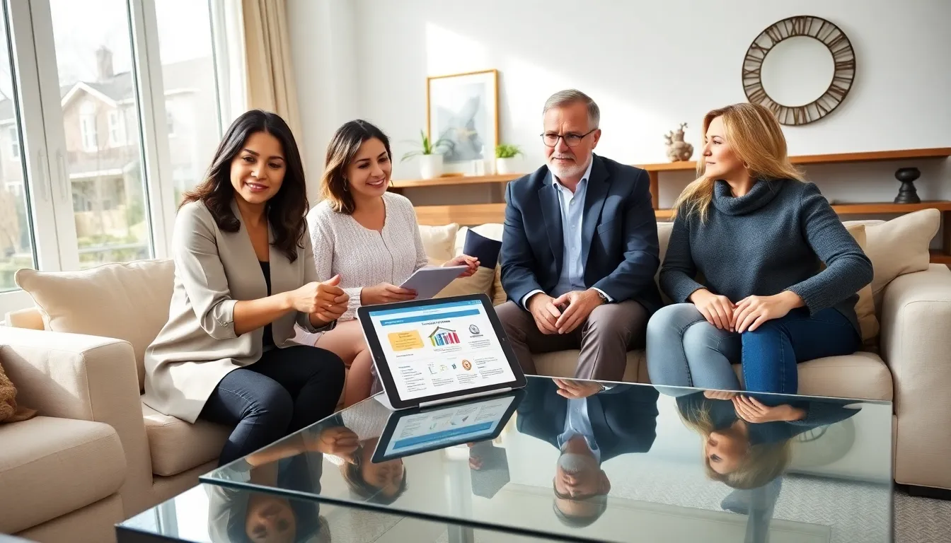 diverse group discussing home insurance in a modern living room.