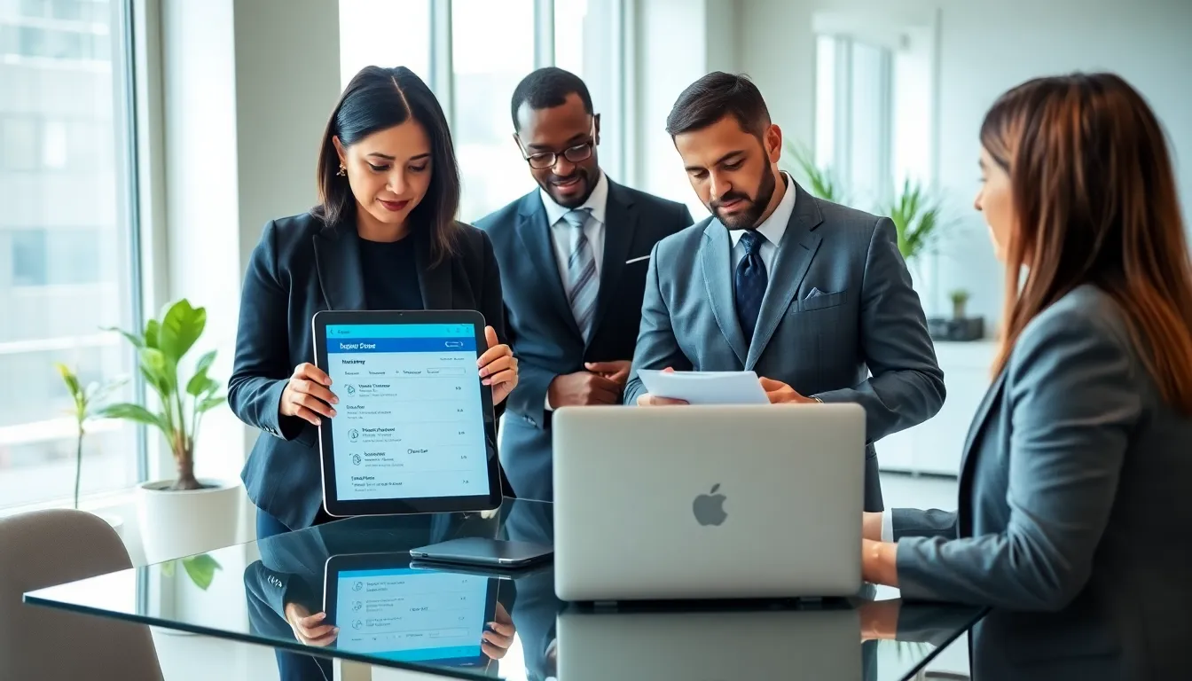 diverse insurance agents discussing Geico home insurance in a modern office.