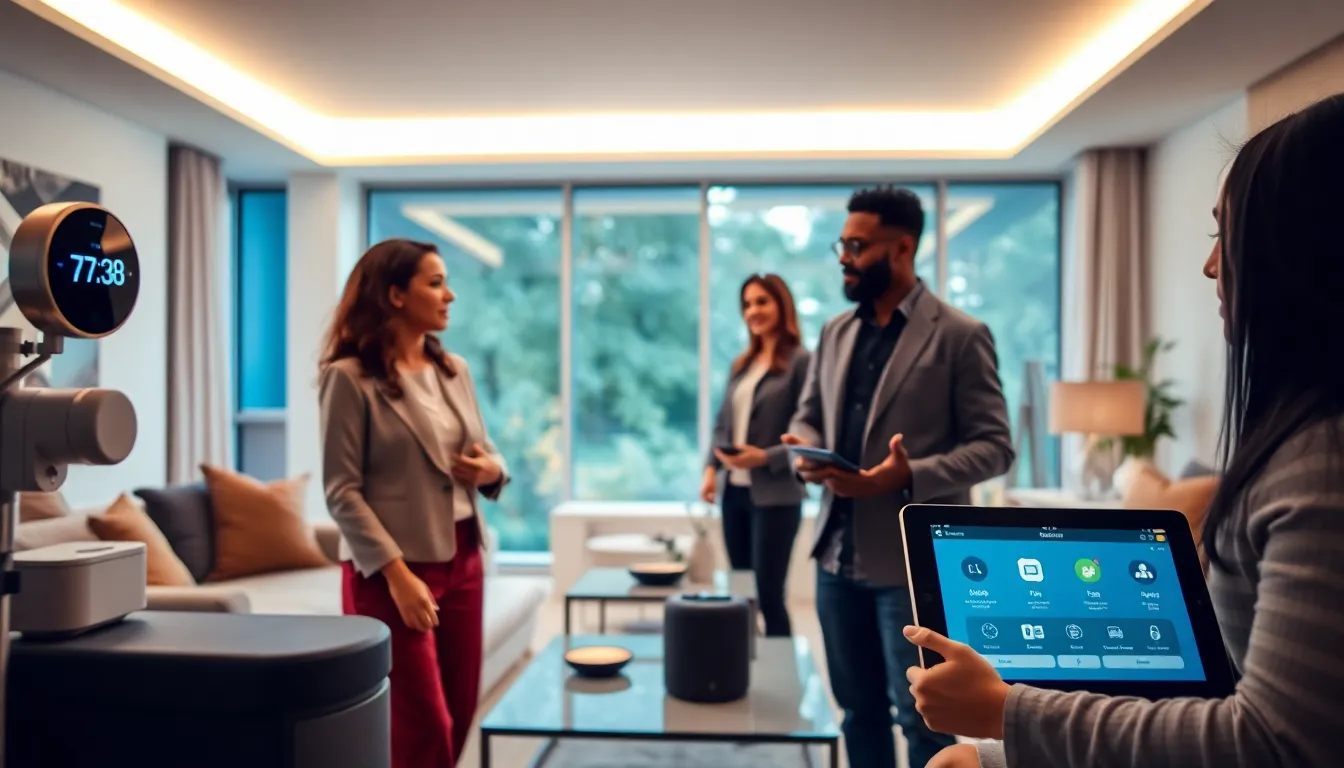 diverse professionals discussing home automation in a modern living room.