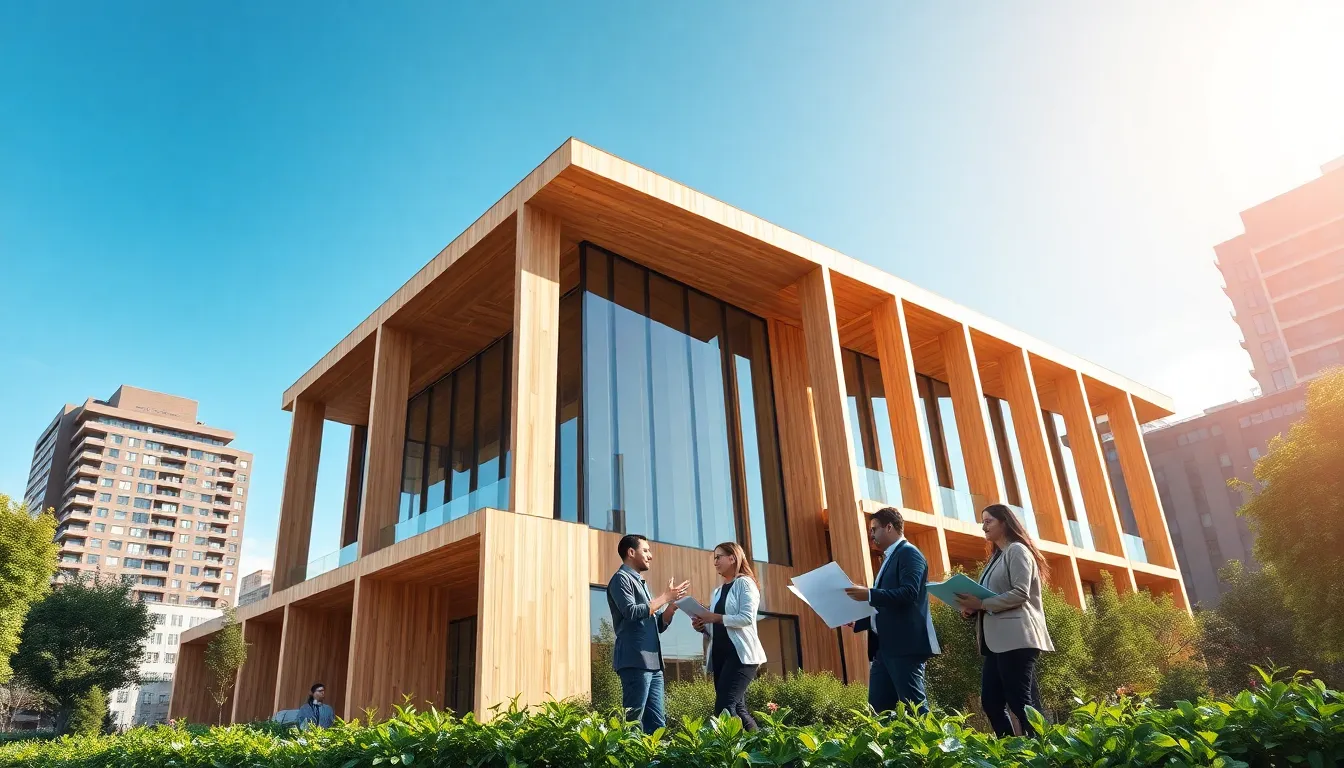 modern mass timber building with professionals discussing plans outside.