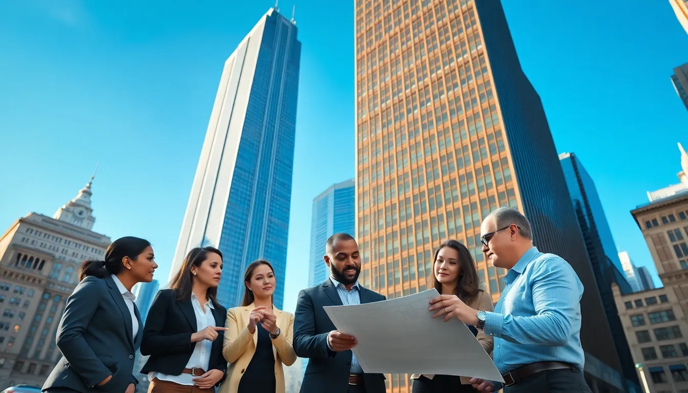 diverse architects discussing plans near a Chicago skyscraper.